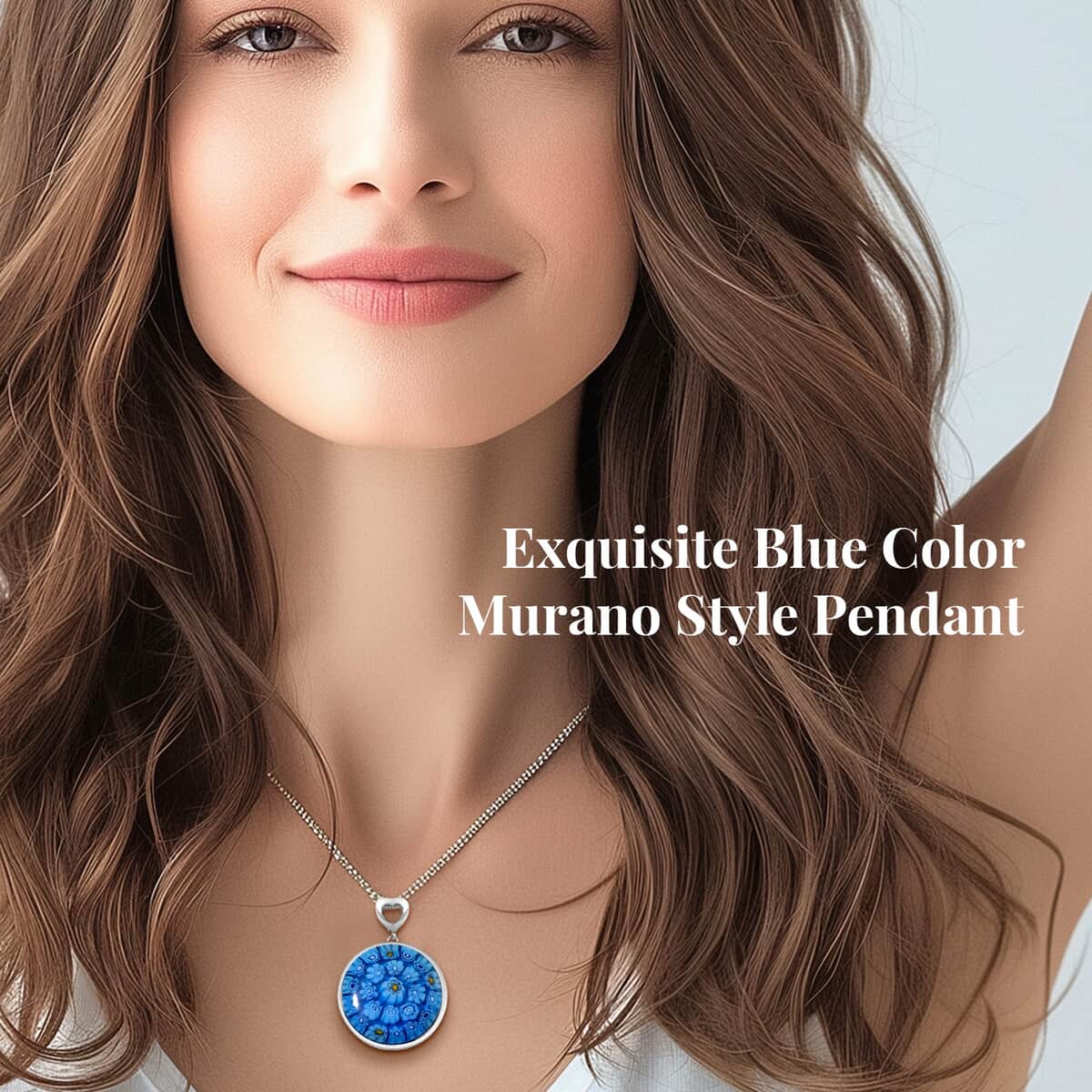 Blue Color Murano Style Pendant Necklace in Stainless Steel 24-28 Inches image number 2