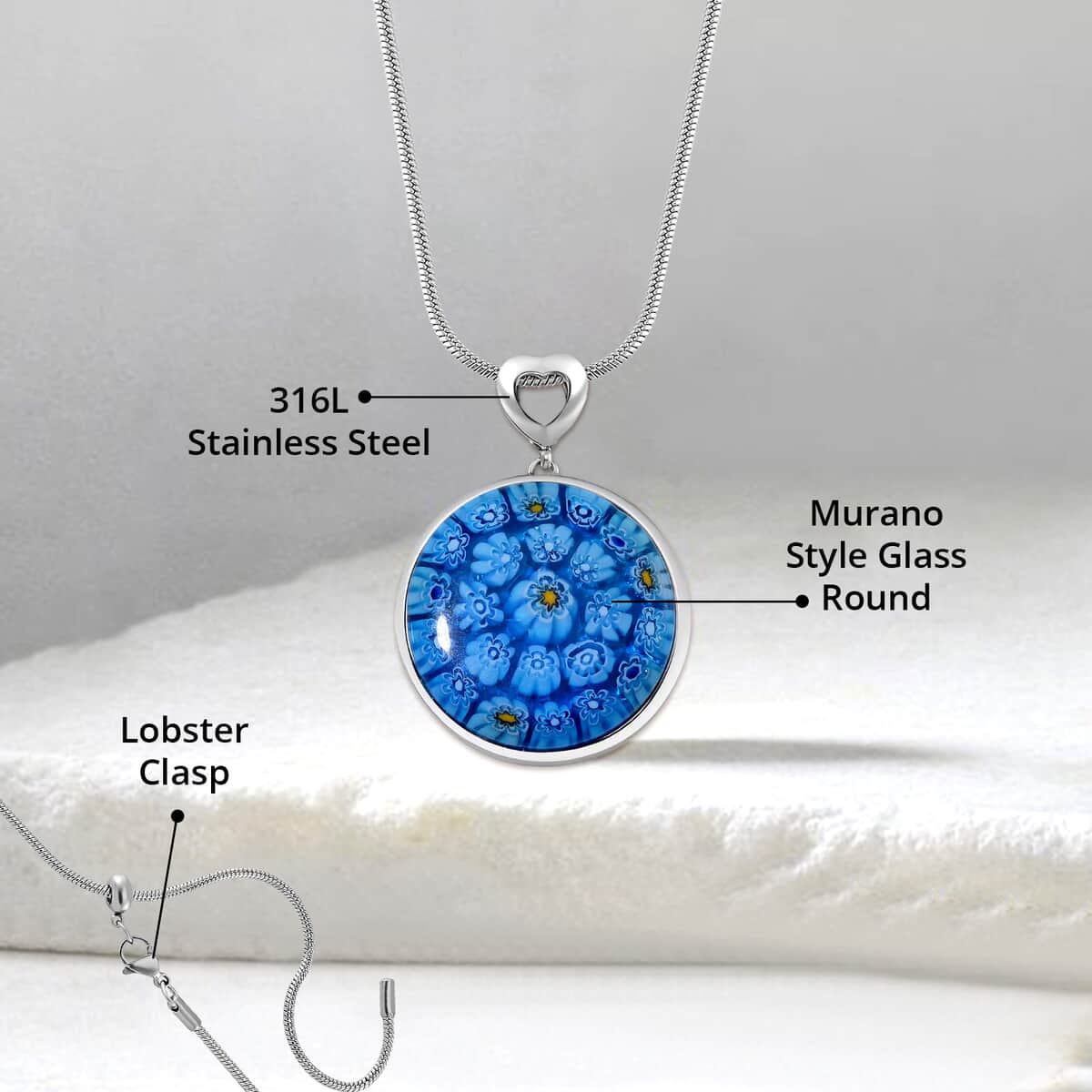 Blue Color Murano Style Pendant Necklace in Stainless Steel 24-28 Inches image number 4