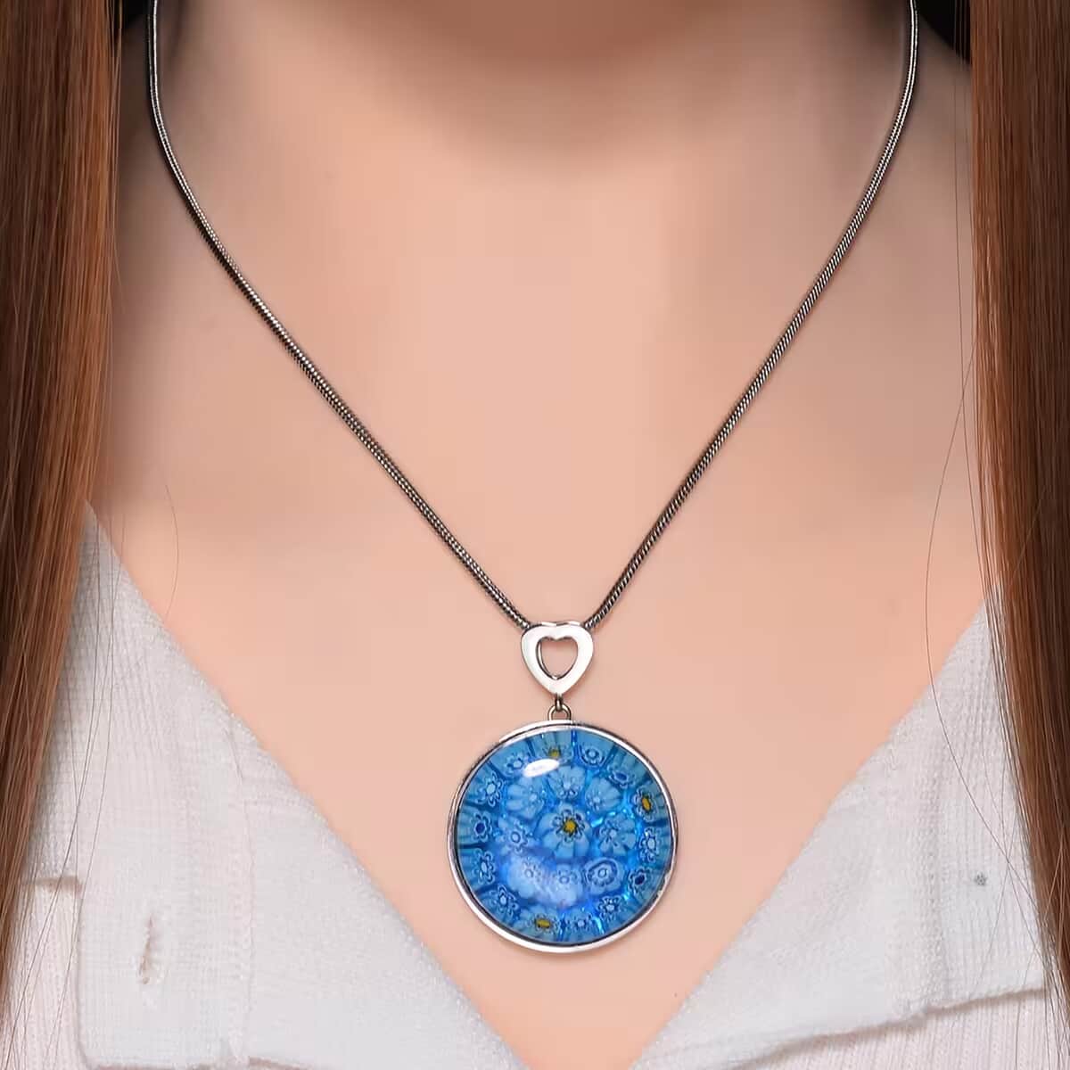 Blue Color Murano Style Pendant Necklace in Stainless Steel 24-28 Inches image number 7