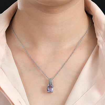 Rose De France Amethyst Pendant Necklace 20 Inches in Stainless Steel 3.90 ctw