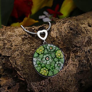 Green Murano Style Adjustable Pendant Necklace in Stainless Steel 24-26 Inches