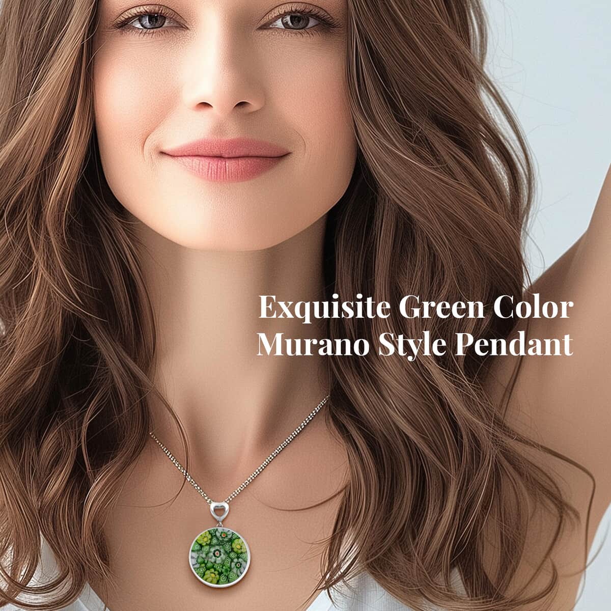 Green Color Murano Style Pendant Necklace in Stainless Steel 24-28 Inches image number 2