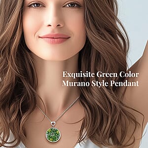 Green Murano Style Adjustable Pendant Necklace in Stainless Steel 24-26 Inches