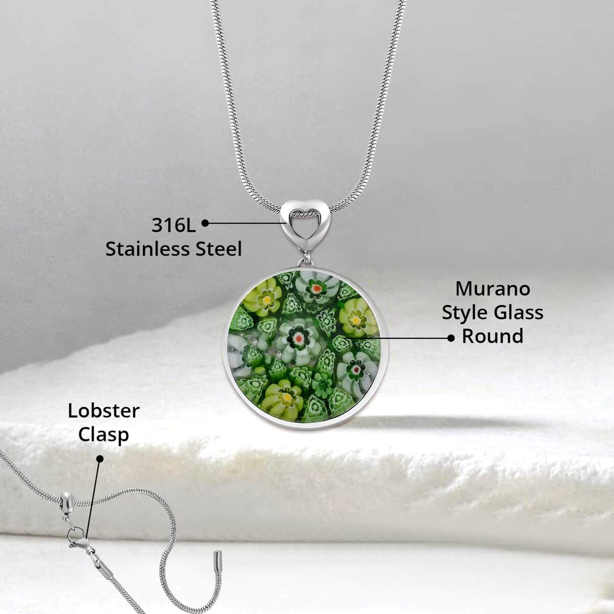 Green Color Murano Style Pendant Necklace in Stainless Steel 24-28 Inches image number 4