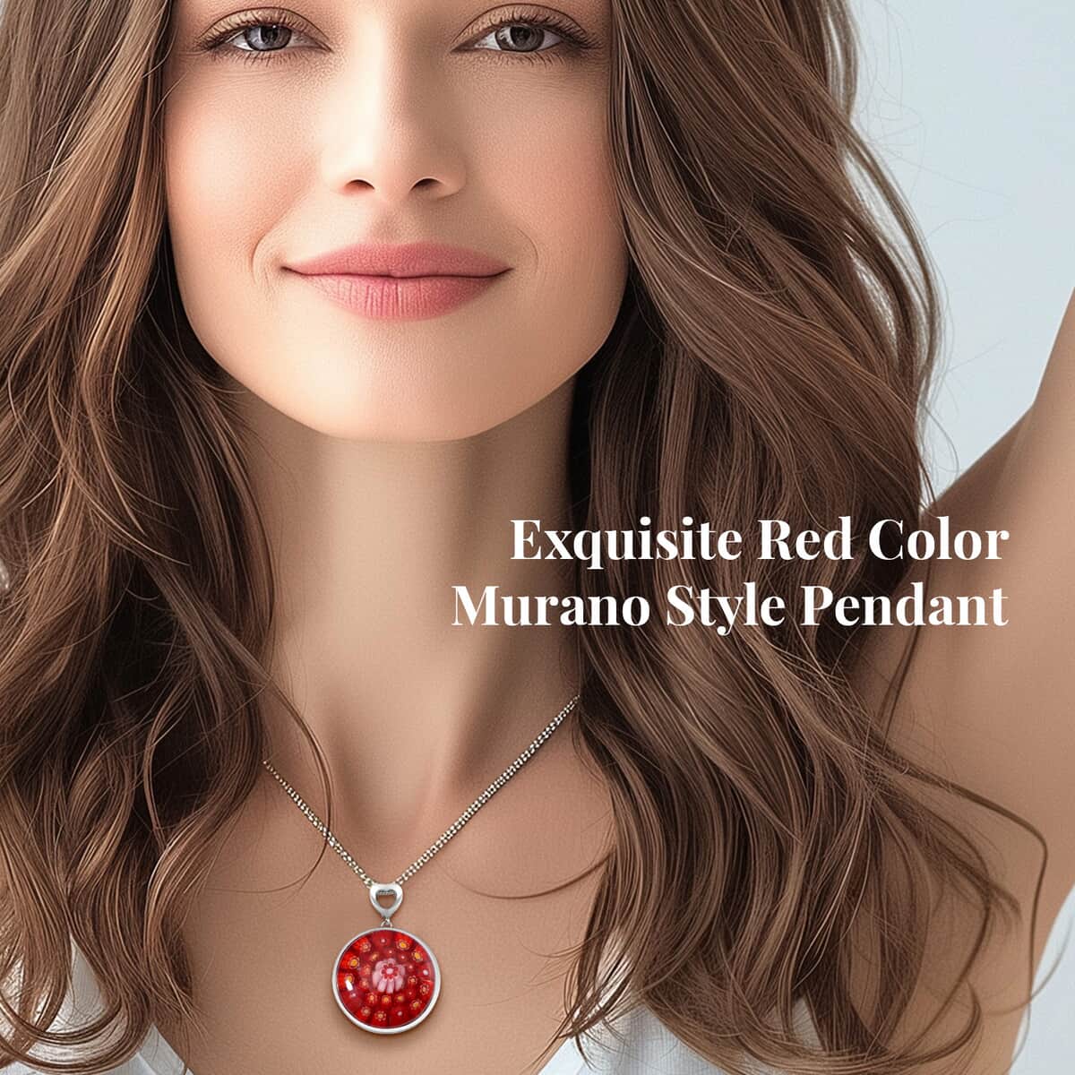 Red Color Murano Style Pendant Necklace in Stainless Steel 24-28 Inches image number 2