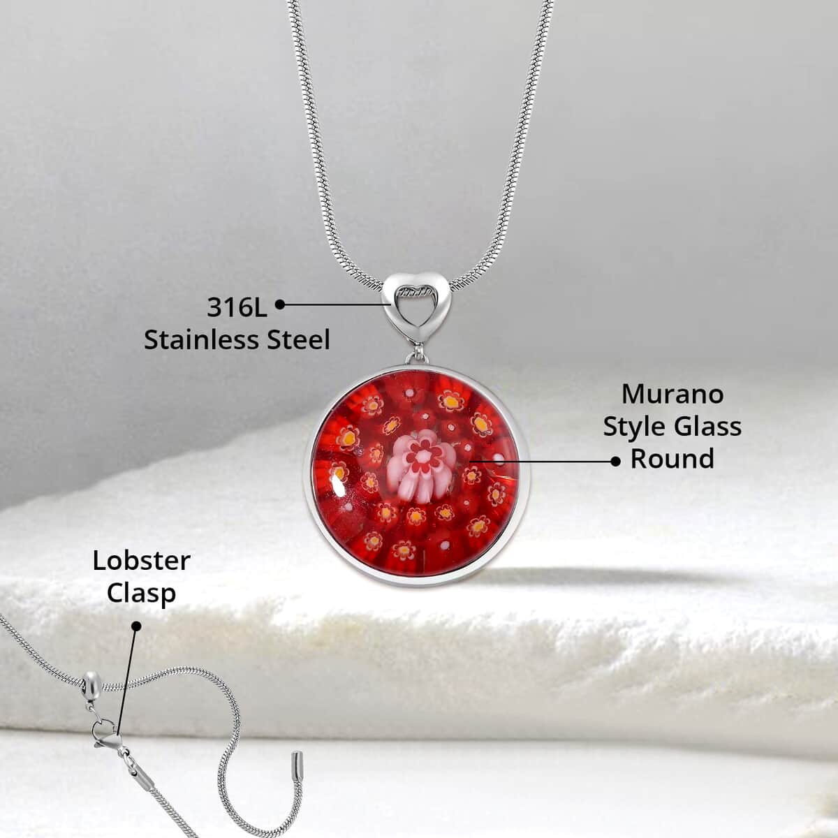 Red Color Murano Style Pendant Necklace in Stainless Steel 24-28 Inches image number 4