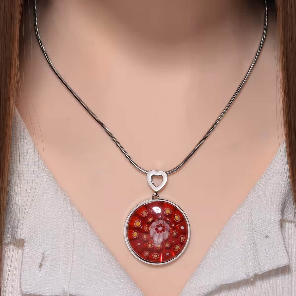 Red Color Murano Style Pendant Necklace in Stainless Steel 24-28 Inches image number 7