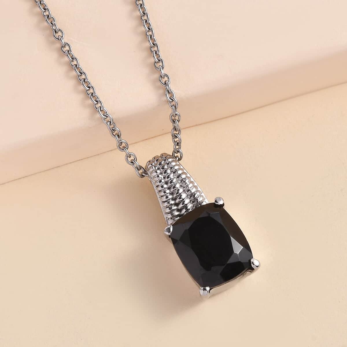 Thai Black Spinel Solitaire Pendant Necklace 20 Inches in Stainless Steel 5.40 ctw image number 1