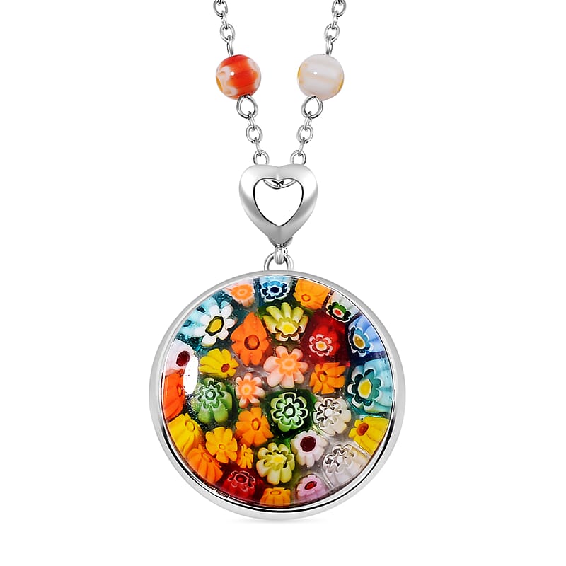 Multi Color Murano Style Pendant with Necklace (24 Inches) in Stainless Steel