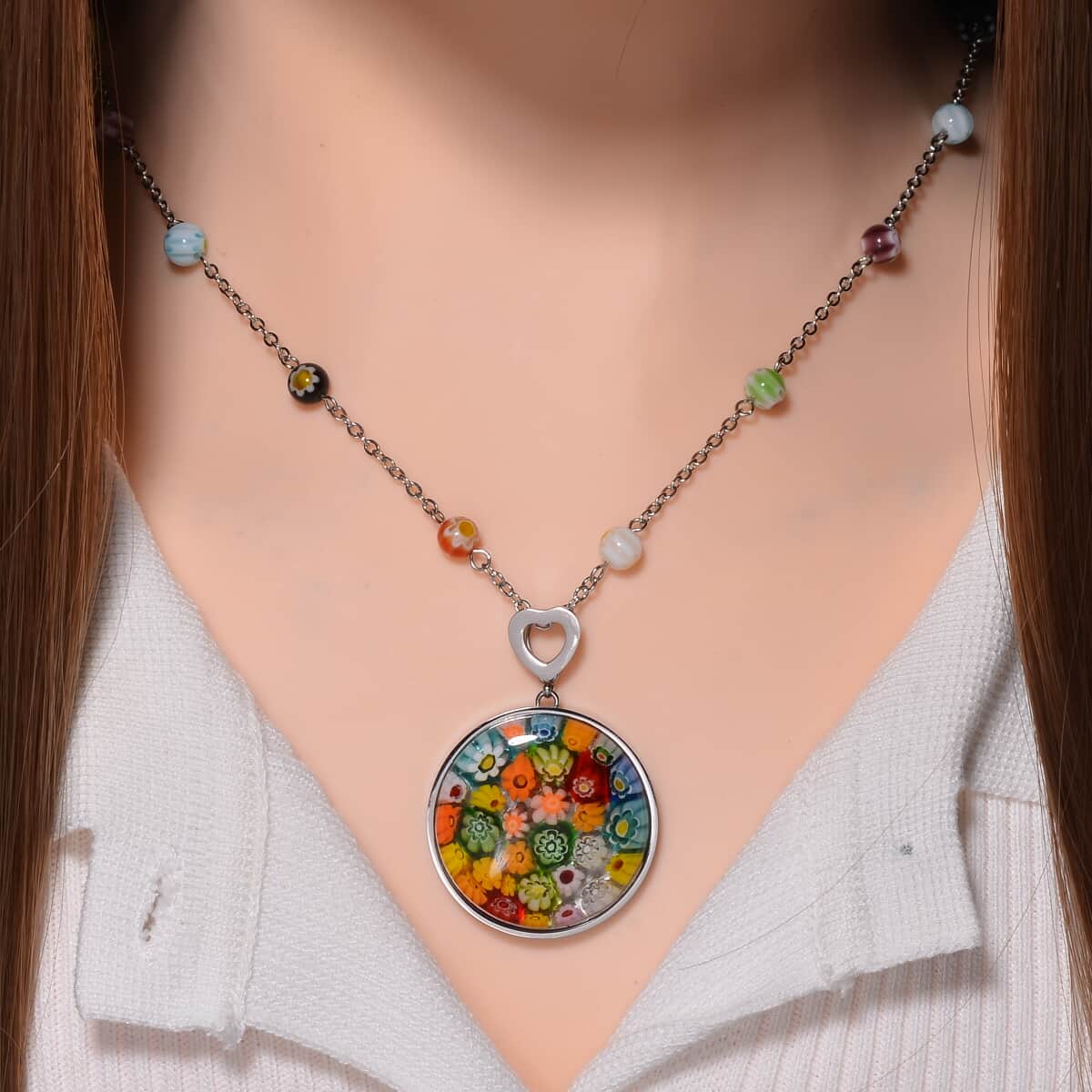 Multi Color Murano Style Beaded Pendant and Necklace 24 Inches in Stainless Steel image number 1