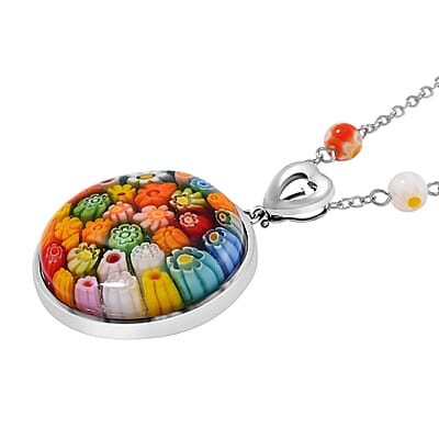 Multi Color Murano Style Pendant with Necklace (24 Inches) in Stainless Steel