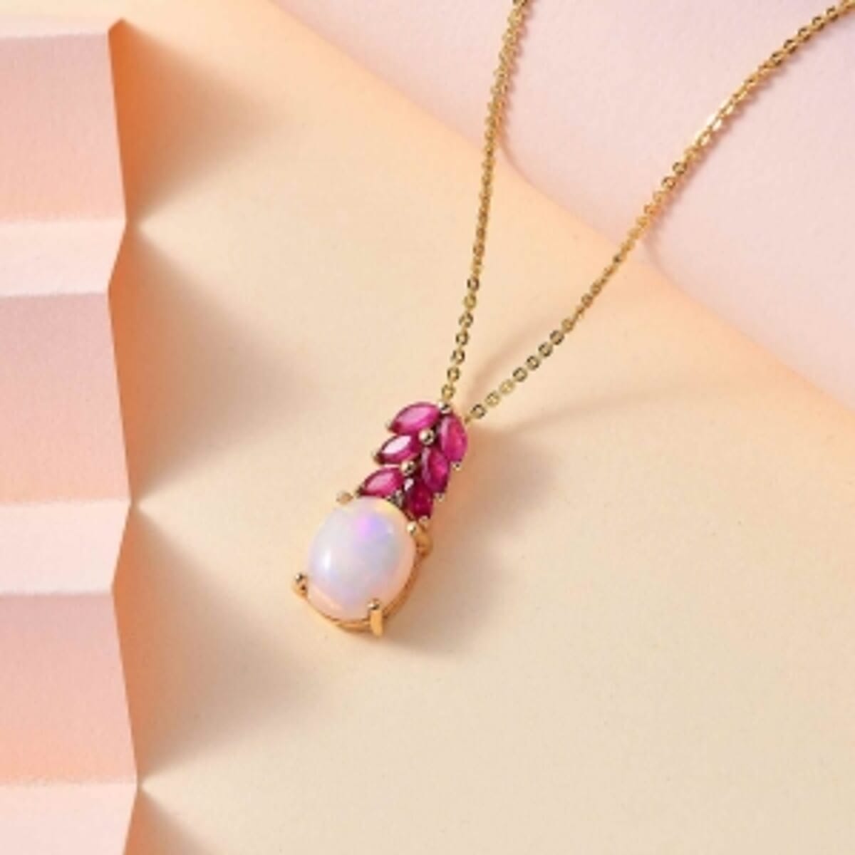 Ethiopian Welo Opal and African Ruby White Zircon Pendant 2.31 ctw Necklace in Vermeil YG Over Sterling Silver 18 Inches image number 1