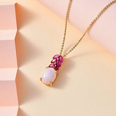 Ethiopian Welo Opal and African Ruby White Zircon Pendant 2.31 ctw Necklace in Vermeil YG Over Sterling Silver 18 Inches