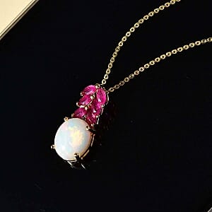 Ethiopian Welo Opal and African Ruby White Zircon Pendant 2.31 ctw Necklace in Vermeil YG Over Sterling Silver 18 Inches