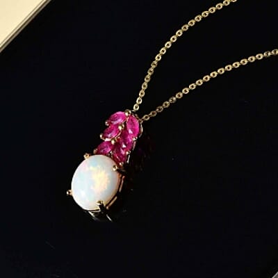 Ethiopian Welo Opal and African Ruby White Zircon Pendant 2.31 ctw Necklace in Vermeil YG Over Sterling Silver 18 Inches