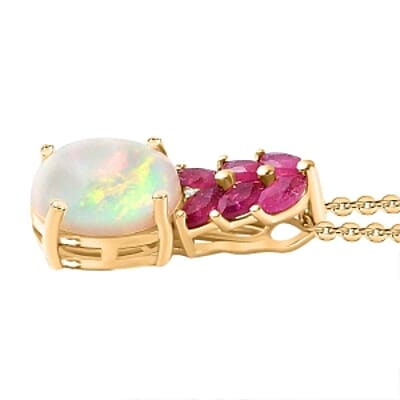 Ethiopian Welo Opal and African Ruby White Zircon Pendant 2.31 ctw Necklace in Vermeil YG Over Sterling Silver 18 Inches