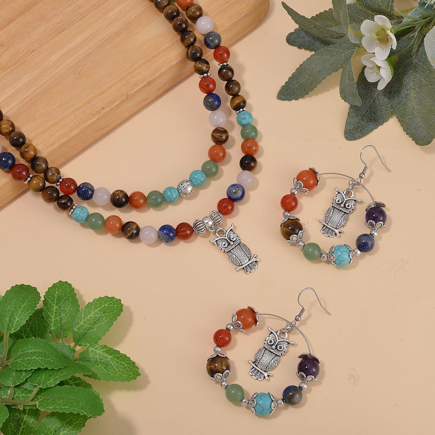 Multi Gemstone 560.00 ctw Necklace and Earrings in Silvertone and Stainless Steel (34 Inches)