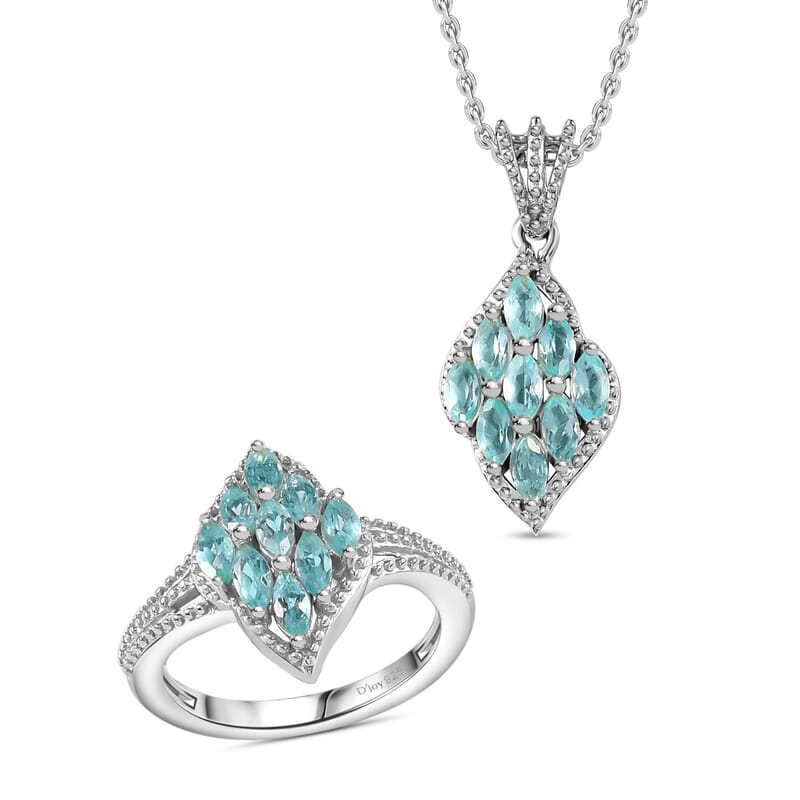 Betroka Blue Apatite Ring (Size 5.0) and Pendant in Rhodium Over Sterling Silver with Stainless Steel Necklace 20 Inches 1.70 ctw