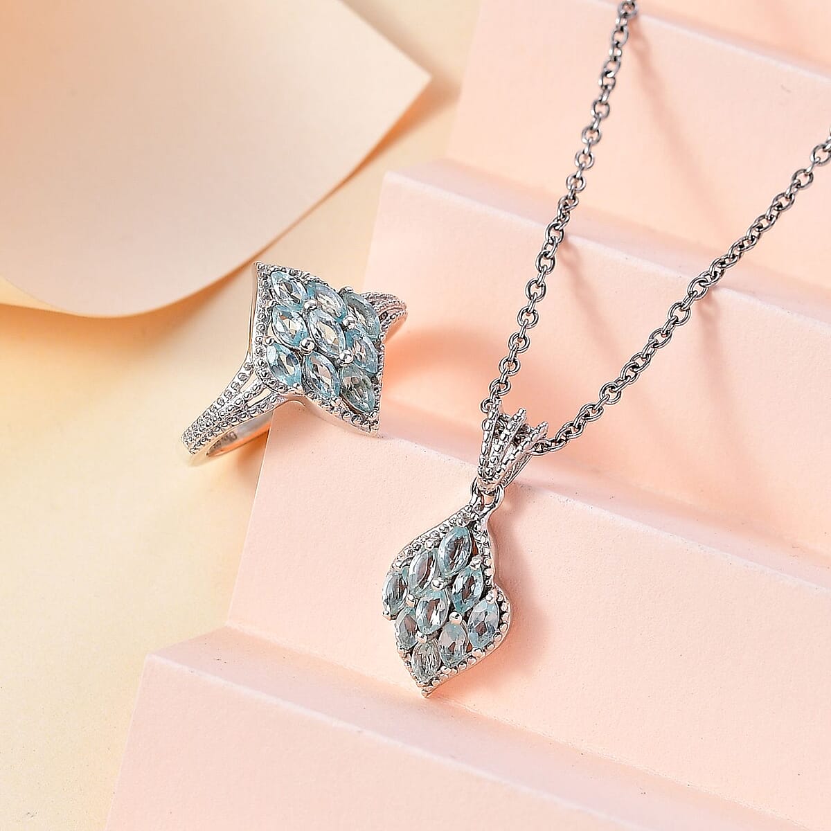 Betroka Blue Apatite Ring (Size 8.0) and Pendant in Rhodium Over Sterling Silver with Stainless Steel Necklace 20 Inches 1.70 ctw image number 1