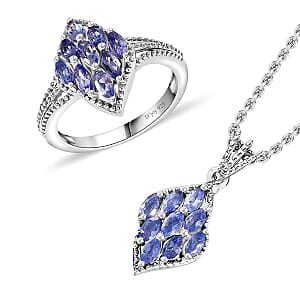 Tanzanite Ring (Size 7.0) and Pendant in Rhodium Over Sterling Silver with Stainless Steel Necklace 20 Inches 1.60 ctw