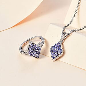 Tanzanite Ring (Size 7.0) and Pendant in Rhodium Over Sterling Silver with Stainless Steel Necklace 20 Inches 1.60 ctw