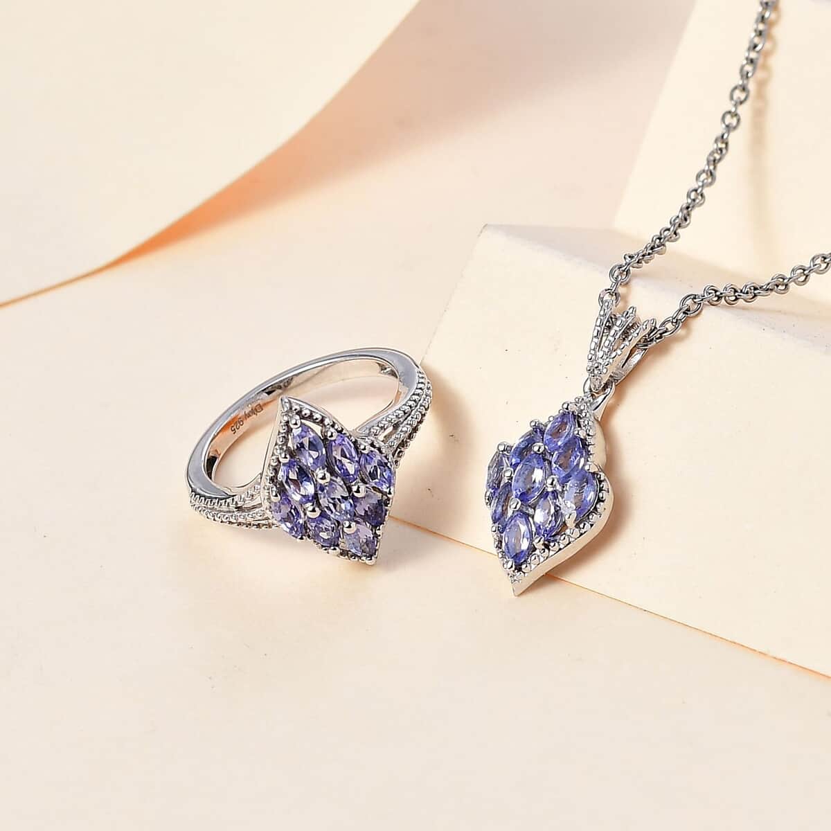 Tanzanite Ring (Size 8.0) and Pendant in Rhodium Over Sterling Silver with Stainless Steel Necklace 20 Inches 1.60 ctw image number 1