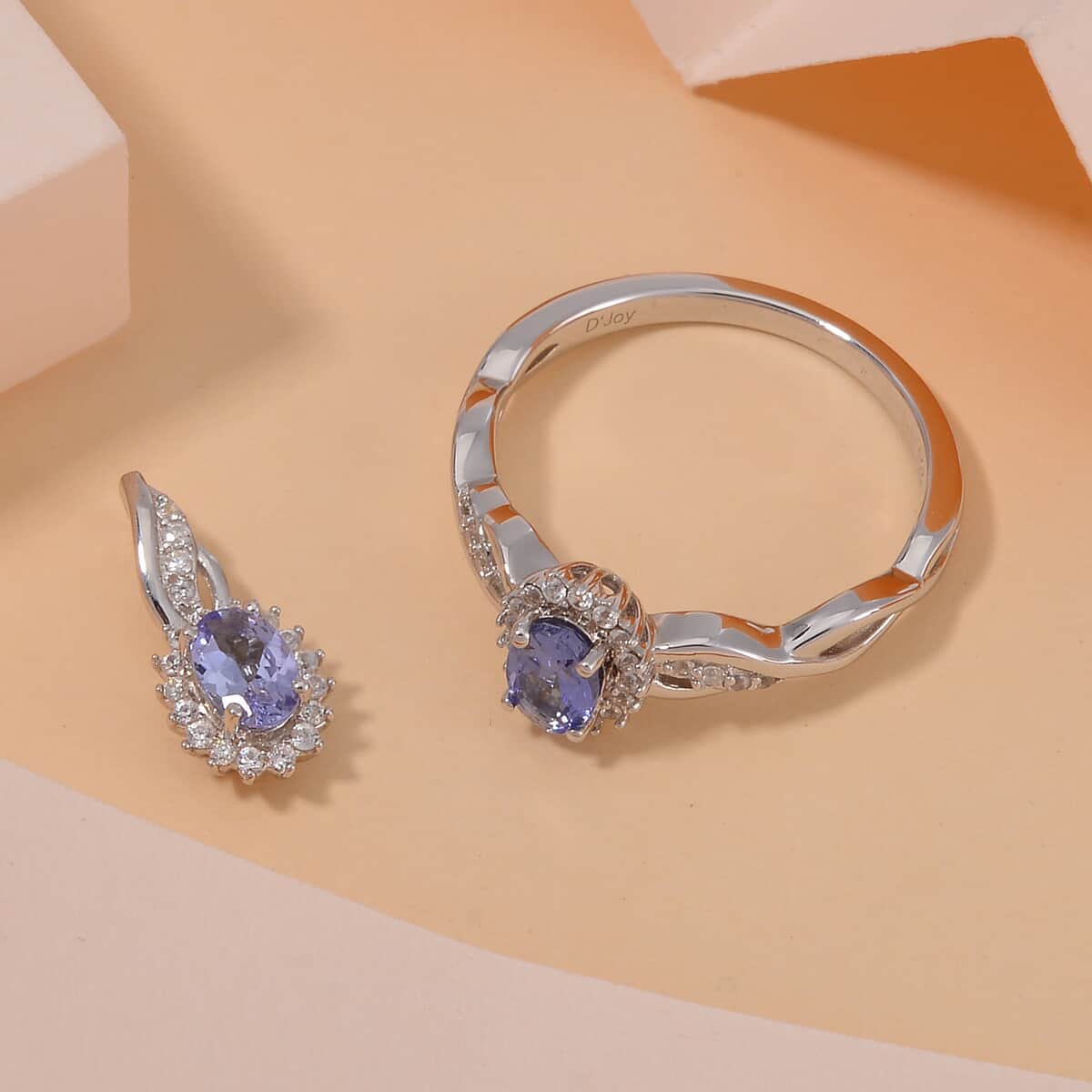 TLV Tanzanite, White Zircon Halo Ring (Size 7) and Pendant in Rhodium Over Sterling Silver 1.35 ctw image number 1