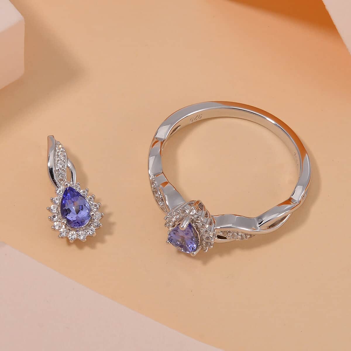 Tanzanite and White Zircon 1.15 ctw Infinity Glow Ring (Size 8.0) and Pendant in Rhodium Over Sterling Silver image number 1