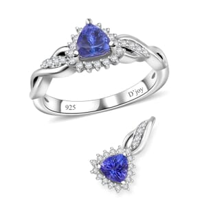 Tanzanite and White Zircon 1.20 ctw Infinity Glow Ring (Size 7.0) and Pendant without Chain in Rhodium Over Sterling Silver
