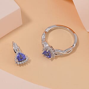 Tanzanite and White Zircon 1.20 ctw Infinity Glow Ring (Size 7.0) and Pendant without Chain in Rhodium Over Sterling Silver