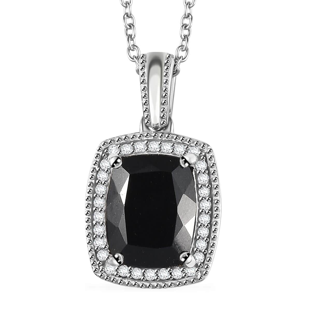 California Black Jade and White Zircon Pendant Necklace 20 Inches in Rhodium Over Sterling Silver 3.20 ctw image number 0