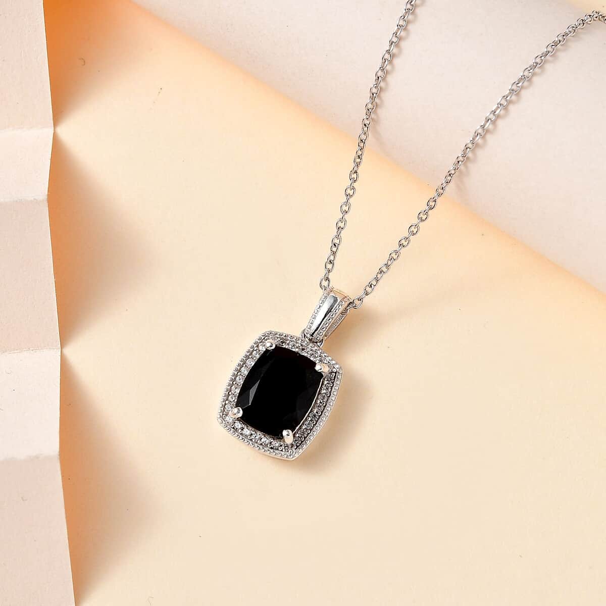 California Black Jade and White Zircon Pendant Necklace 20 Inches in Rhodium Over Sterling Silver 3.20 ctw image number 1