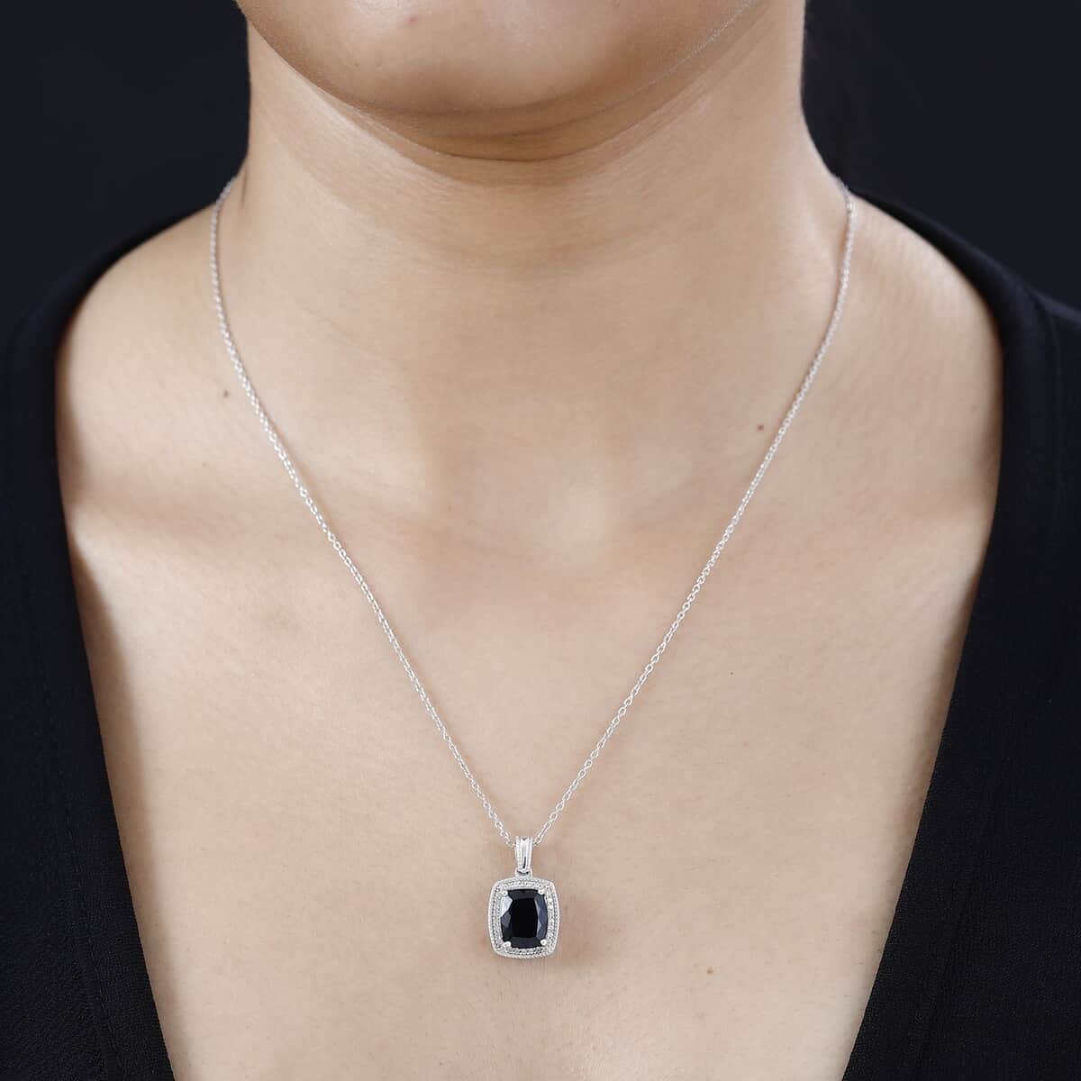 California Black Jade and White Zircon Pendant Necklace 20 Inches in Rhodium Over Sterling Silver 3.20 ctw image number 2