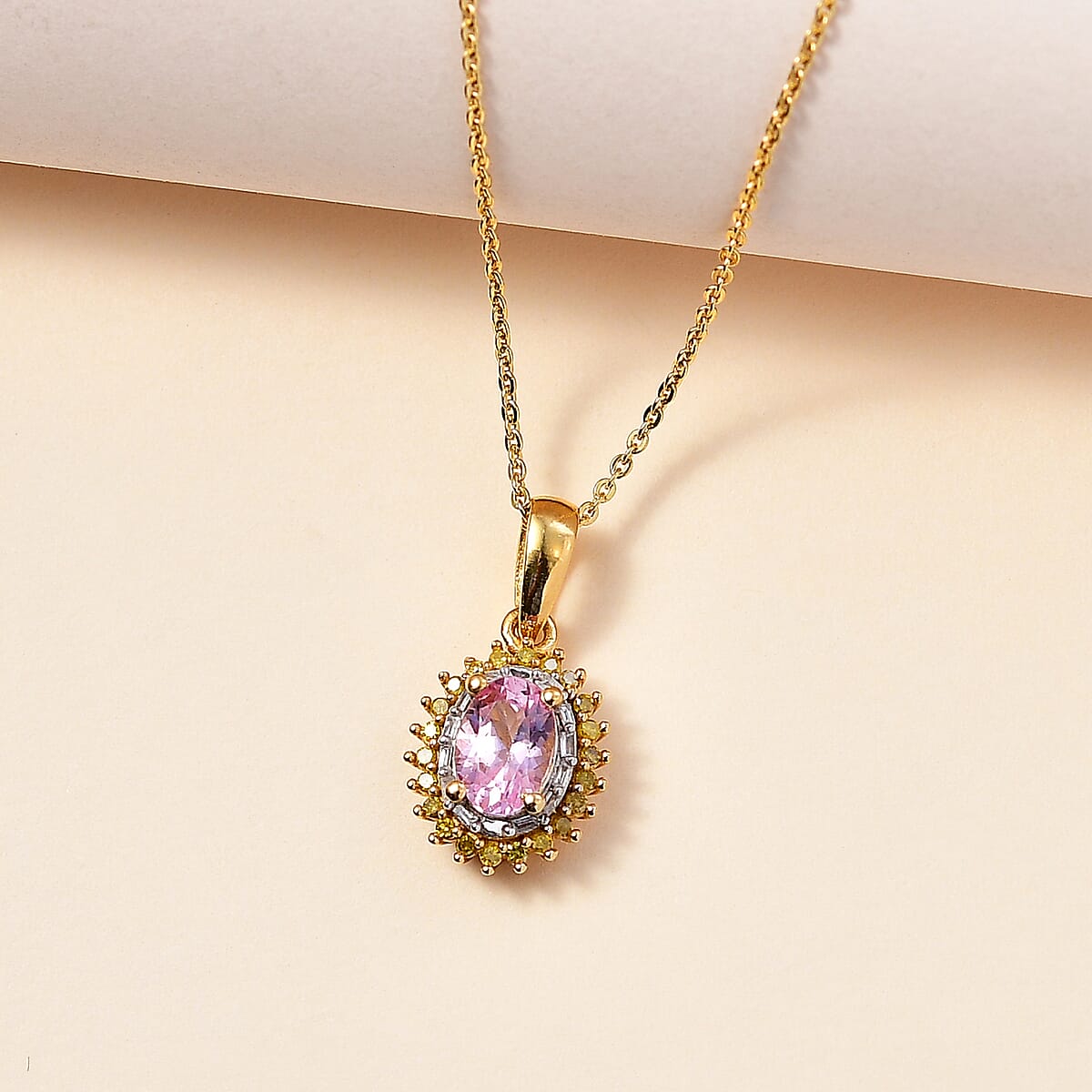 D'Joy Narsipatnam Pink Spinel, Yellow and White Diamond 1.10 ctw Double Halo Pendant Necklace in 18K Vermeil Yellow Gold Over Sterling Silver 20 Inches image number 1