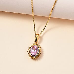 D'Joy Narsipatnam Pink Spinel, Yellow and White Diamond 1.10 ctw Double Halo Pendant Necklace in 18K Vermeil Yellow Gold Over Sterling Silver 20 Inches