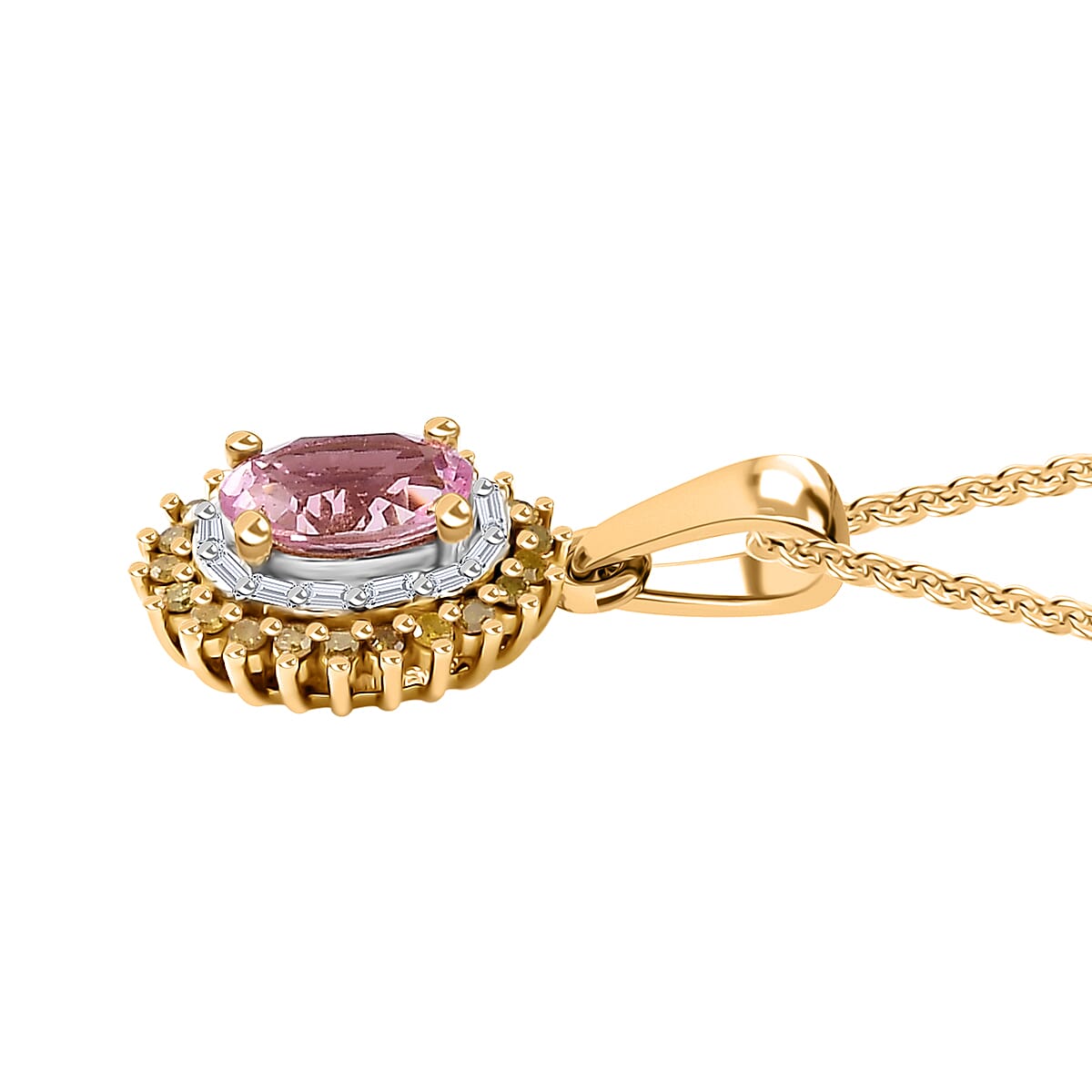 D'Joy Narsipatnam Pink Spinel, Yellow and White Diamond 1.10 ctw Double Halo Pendant Necklace in 18K Vermeil Yellow Gold Over Sterling Silver 20 Inches image number 3