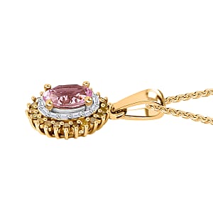 D'Joy Narsipatnam Pink Spinel, Yellow and White Diamond 1.10 ctw Double Halo Pendant Necklace in 18K Vermeil Yellow Gold Over Sterling Silver 20 Inches