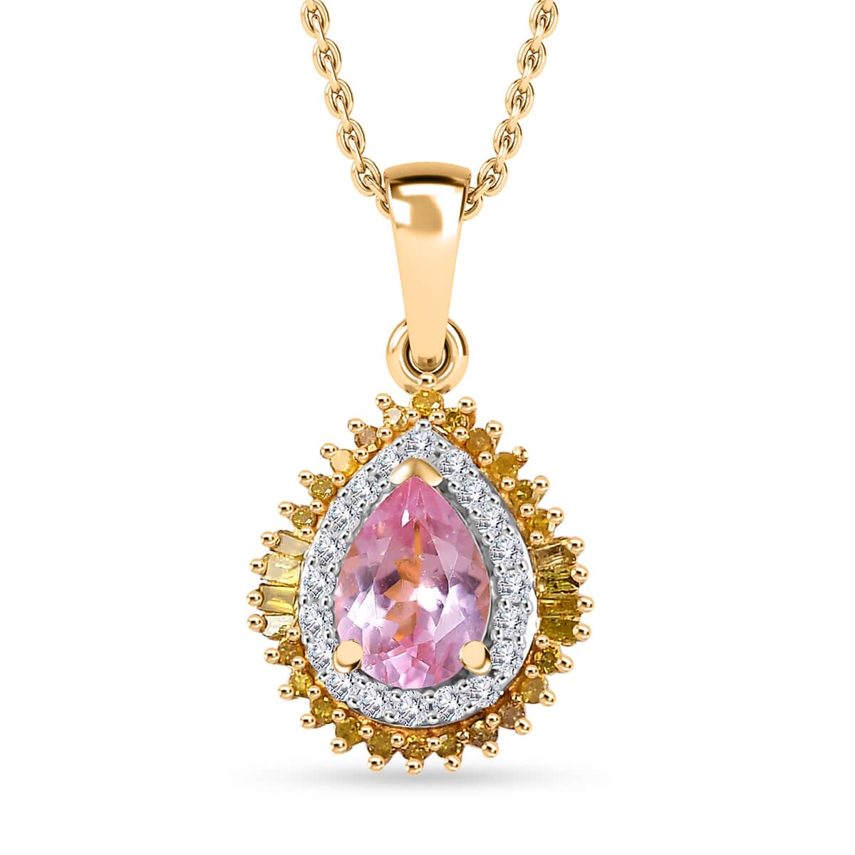 Narsipatnam Pink Spinel, Yellow and White Diamond Double Halo Pendant Necklace 20 Inches in 18K Vermeil Yellow Gold Over Sterling Silver 1.10 ctw image number 0