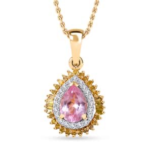 Narsipatnam Pink Spinel, Yellow and White Diamond Double Halo Pendant Necklace 20 Inches in 18K Vermeil Yellow Gold Over Sterling Silver 1.10 ctw