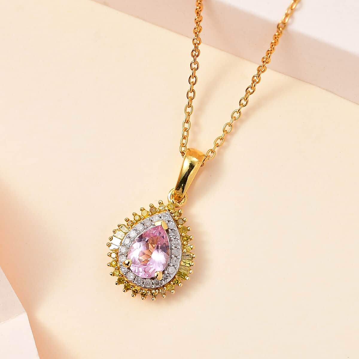 Narsipatnam Pink Spinel, Yellow and White Diamond Double Halo Pendant Necklace 20 Inches in 18K Vermeil Yellow Gold Over Sterling Silver 1.10 ctw image number 1