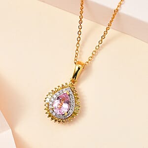 Narsipatnam Pink Spinel, Yellow and White Diamond Double Halo Pendant Necklace 20 Inches in 18K Vermeil Yellow Gold Over Sterling Silver 1.10 ctw