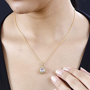 Narsipatnam Pink Spinel, Yellow and White Diamond Double Halo Pendant Necklace 20 Inches in 18K Vermeil Yellow Gold Over Sterling Silver 1.10 ctw