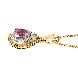 Narsipatnam Pink Spinel, Yellow and White Diamond Double Halo Pendant Necklace 20 Inches in 18K Vermeil Yellow Gold Over Sterling Silver 1.10 ctw