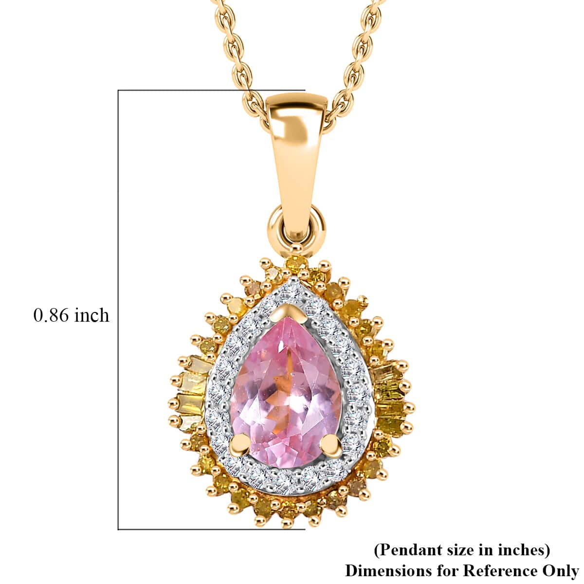 Narsipatnam Pink Spinel, Yellow and White Diamond Double Halo Pendant Necklace 20 Inches in 18K Vermeil Yellow Gold Over Sterling Silver 1.10 ctw image number 5