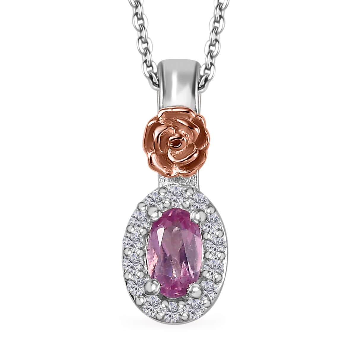 Narsipatnam Pink Spinel and White Zircon Rose Flower Pendant Necklace 20 Inches in 18K Vermeil RG and Rhodium Over Sterling Silver 0.40 ctw image number 0