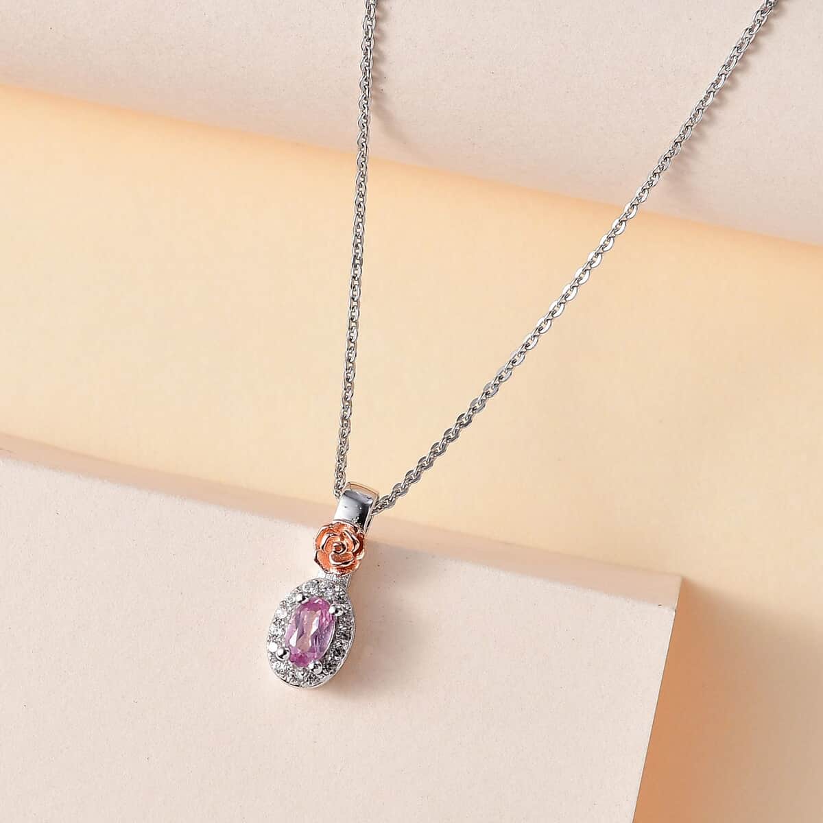 Narsipatnam Pink Spinel and White Zircon Rose Flower Pendant Necklace 20 Inches in 18K Vermeil RG and Rhodium Over Sterling Silver 0.40 ctw image number 1
