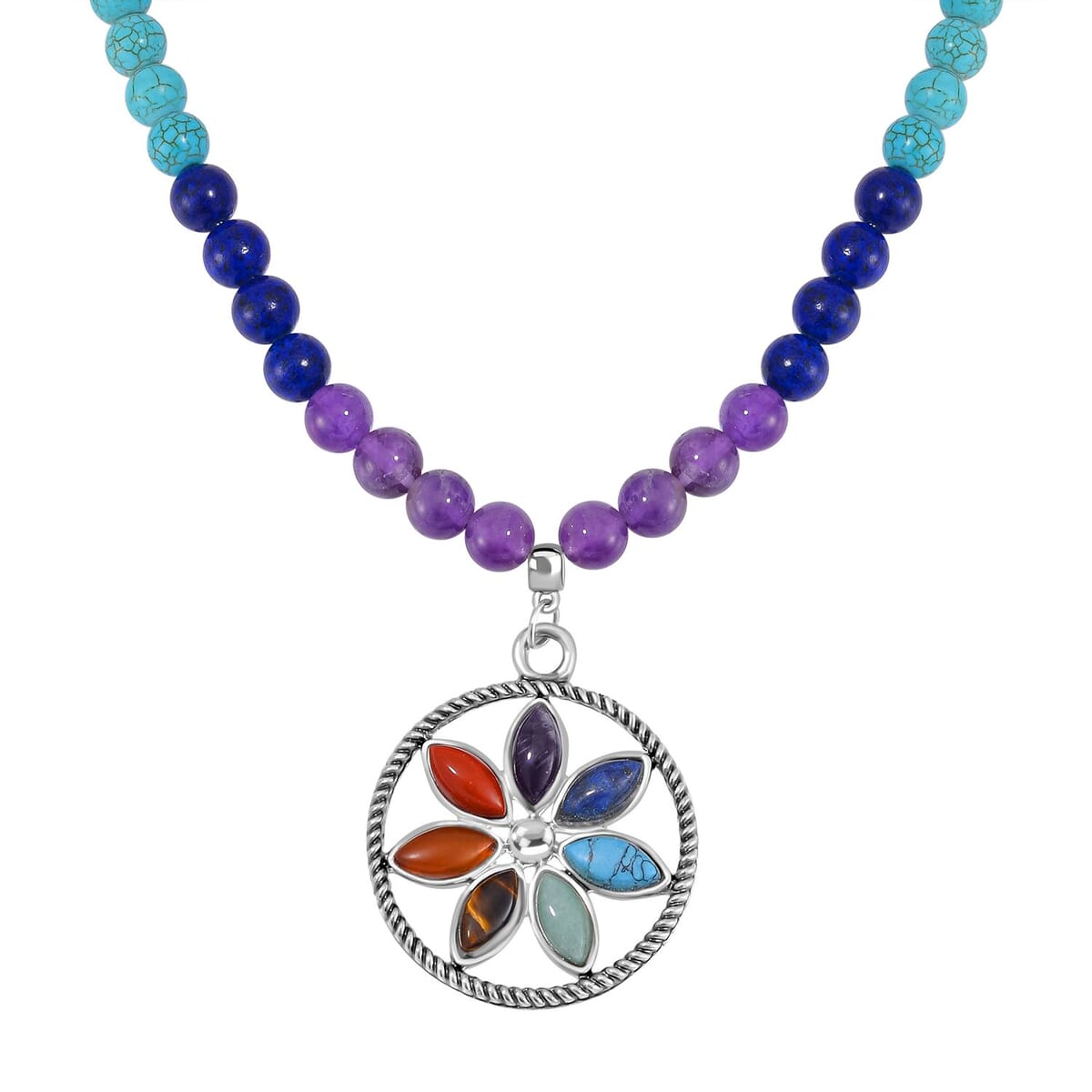 Multi Gemstone 325.00 ctw Beaded Seven Chakra Floral Necklace 18-20 Inches and Stretch Bracelet in Silvertone image number 0