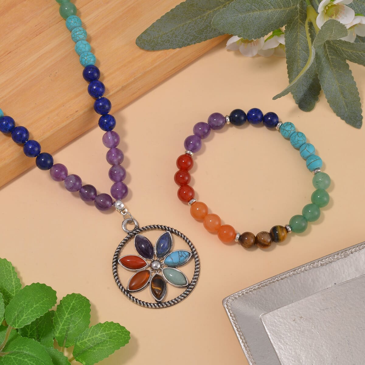 Multi Gemstone 325.00 ctw Beaded Seven Chakra Floral Necklace 18-20 Inches and Stretch Bracelet in Silvertone image number 1