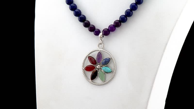 Multi Gemstone 325.00 ctw Beaded Seven Chakra Floral Necklace 18-20 Inches and Stretch Bracelet in Silvertone