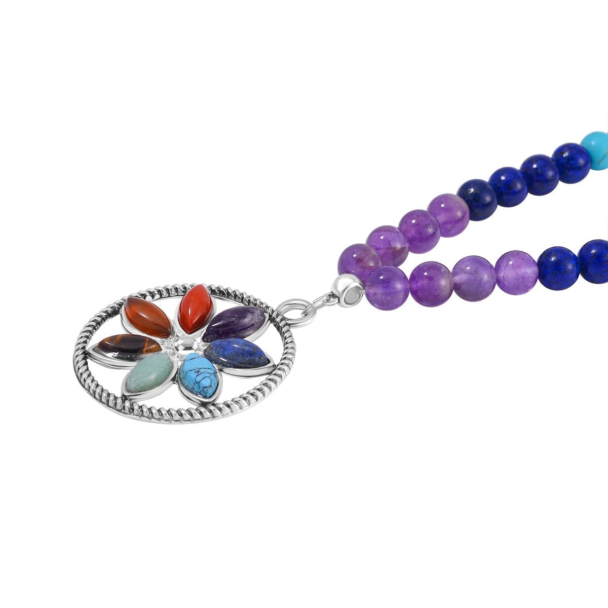 Multi Gemstone 325.00 ctw Beaded Seven Chakra Floral Necklace 18-20 Inches and Stretch Bracelet in Silvertone image number 2